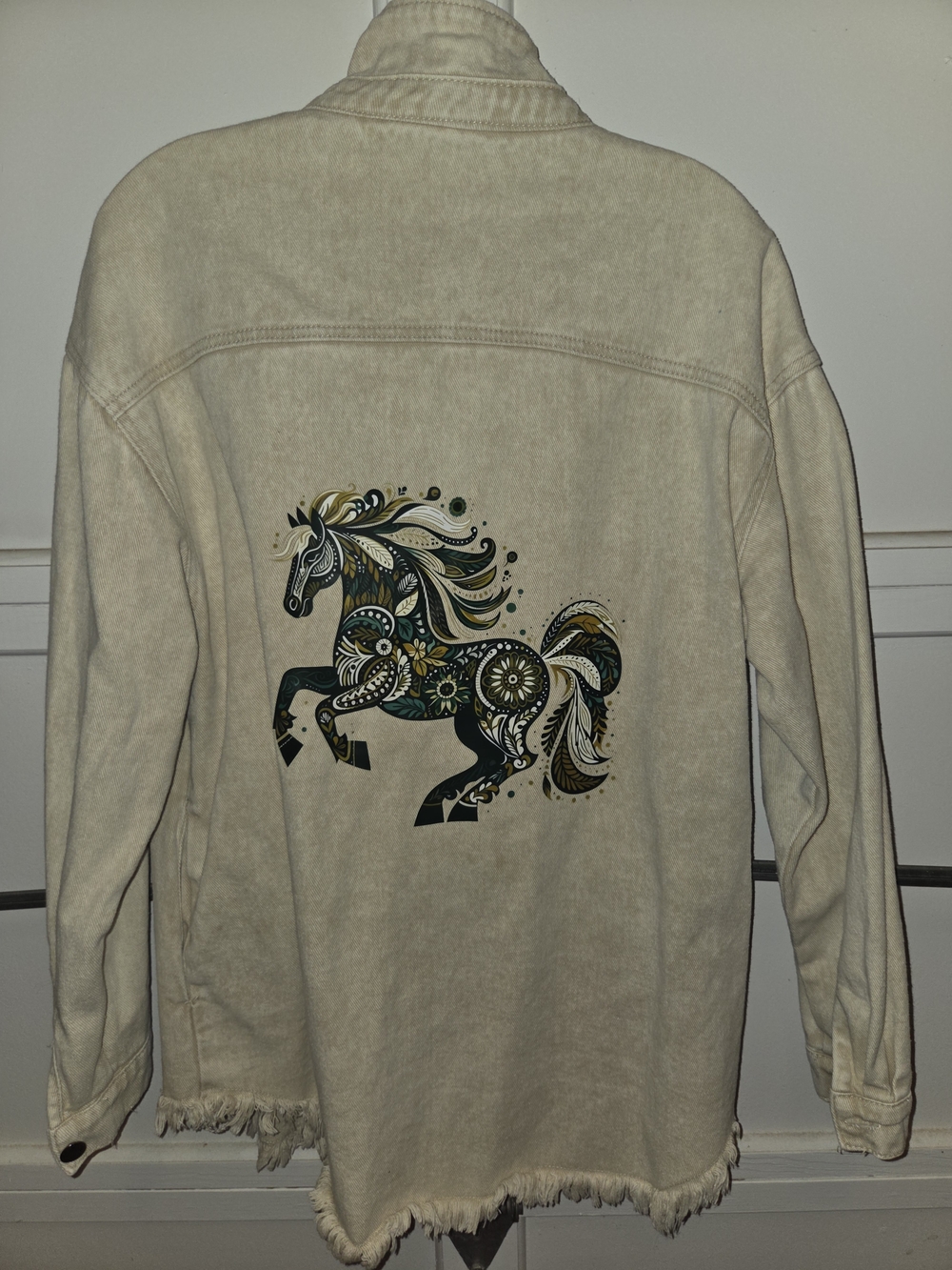 Boho Folk Art Horse Jacket in Cream with Teal & Gold Accent Sz XL